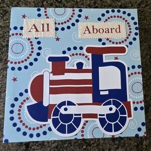 Geometric Red and Blue Train Painting Art All Aboard Approx 11 X 12 Inches